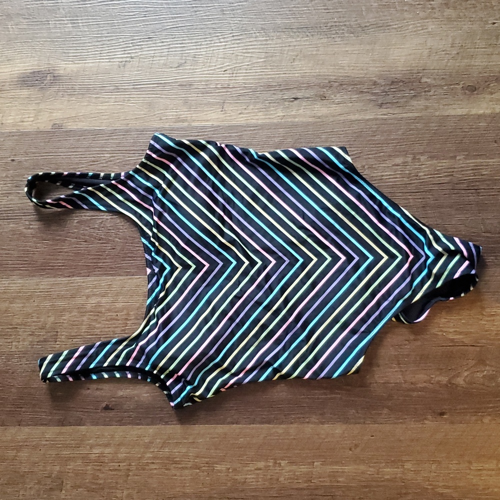 Pink Victoria's Secret Swimsuit size Large black with rainbow stripes